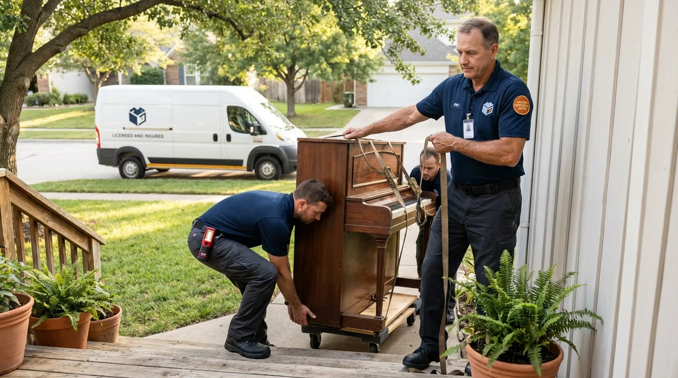 Licensed piano movers securing grand piano in Robins, IA