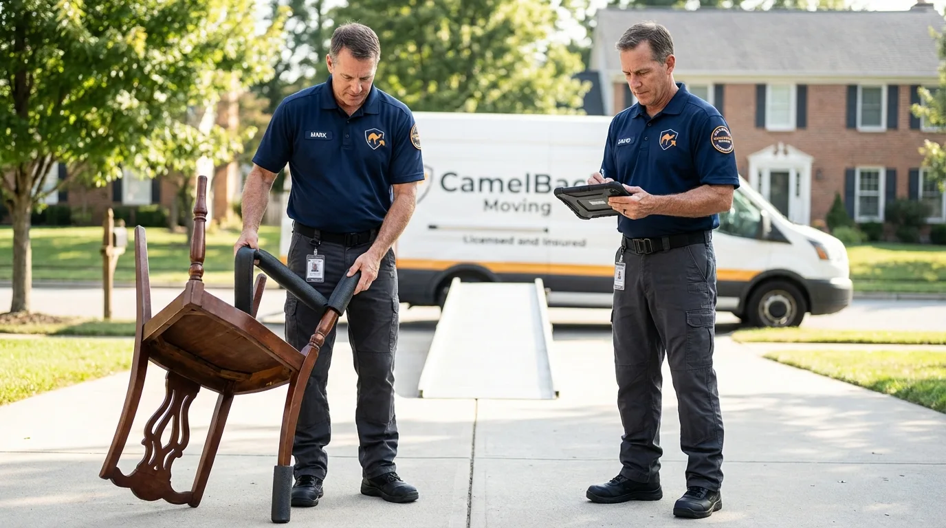 Movers inspecting furniture for damage prevention before loading in Robins, IA