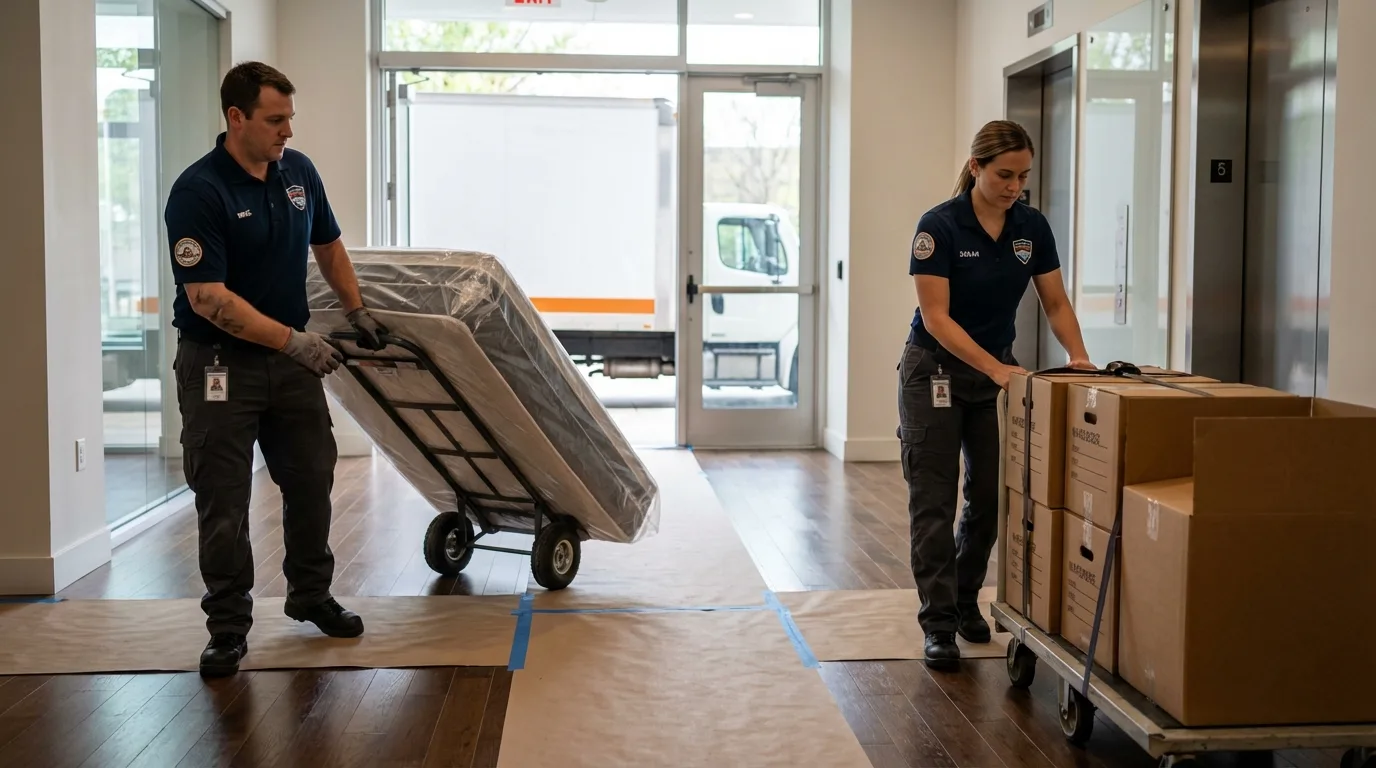 Professional apartment movers loading elevator in Robins, IA